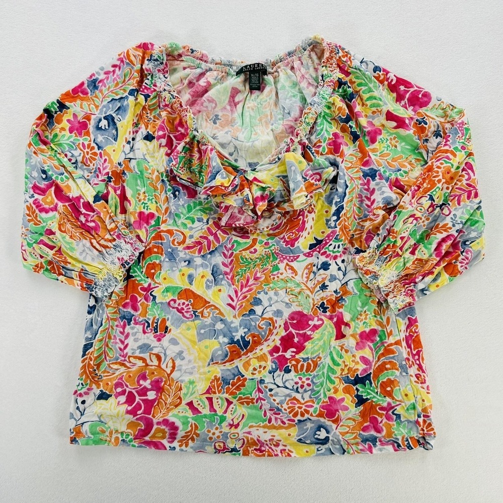 Lauren Ralph Lauren Blouse Womens XL Multicolor Floral Ruffle 3/4 Sleeve Tunic